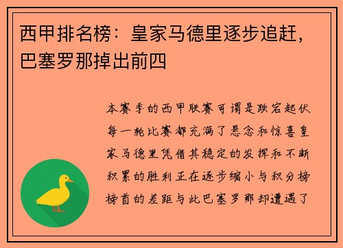 西甲排名榜：皇家马德里逐步追赶，巴塞罗那掉出前四