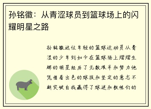 孙铭徽：从青涩球员到篮球场上的闪耀明星之路